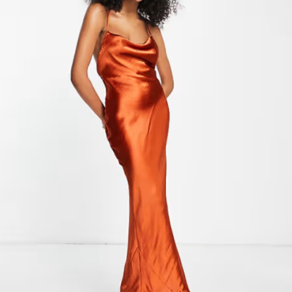 NWT ASOS DESIGN cami maxi slip dress in high shine satin w/lace up back in rust